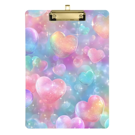Valentine Dreamy Colorful Hearts Acrylic Clipboard Drawing Board with Hook Writing Pad File Storage A4 Size Gold 12.5" x 9"