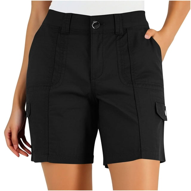 Mgmyaa Cargo Shorts for Women Solid Mid-Rise Comfortable Pockets Button Rigid Waist Casual Shorts