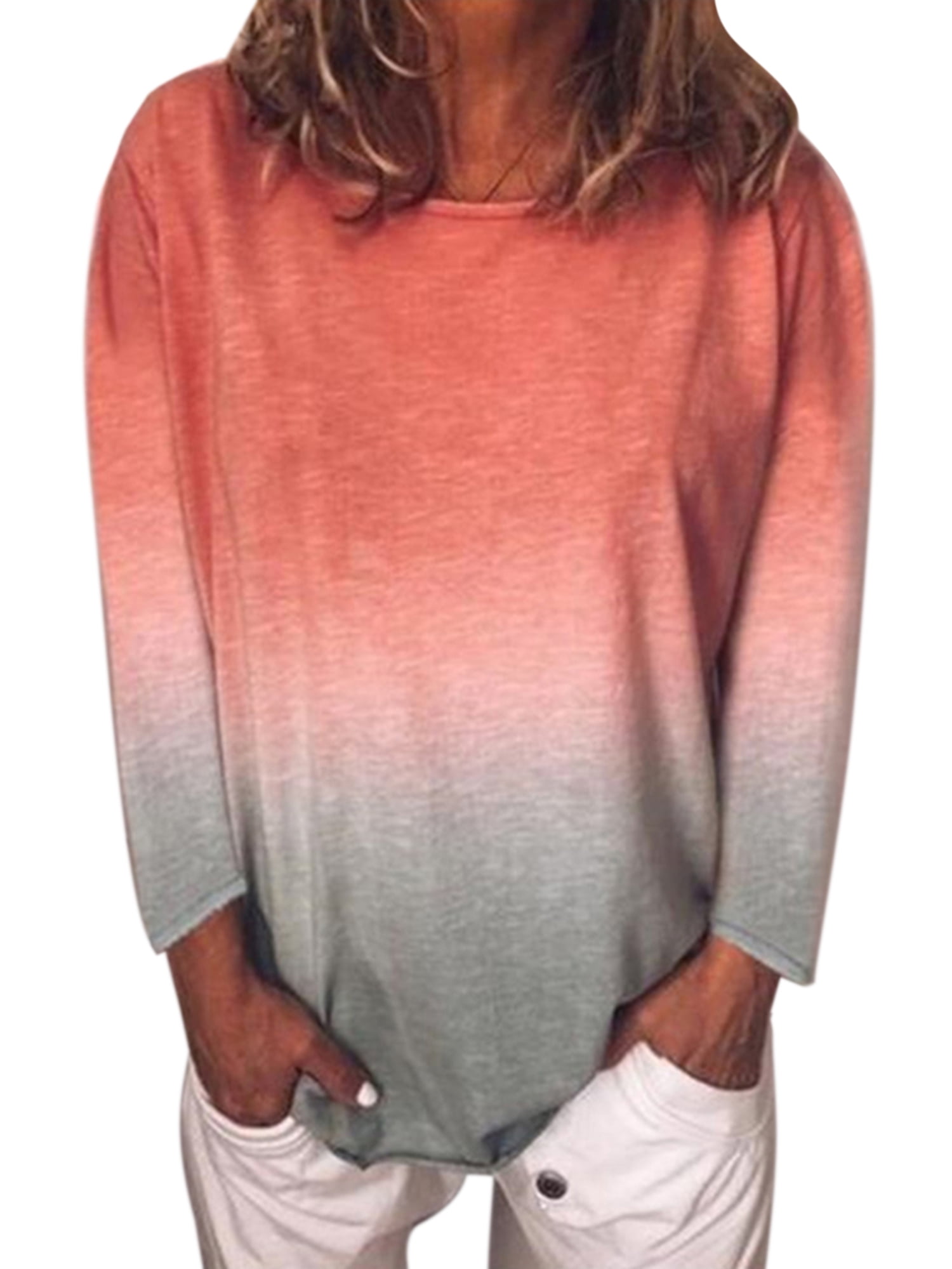 Juner Womens Casual O-Neck Gradient Contrast Color Long Sleeve Top Pullover Sweatshirt
