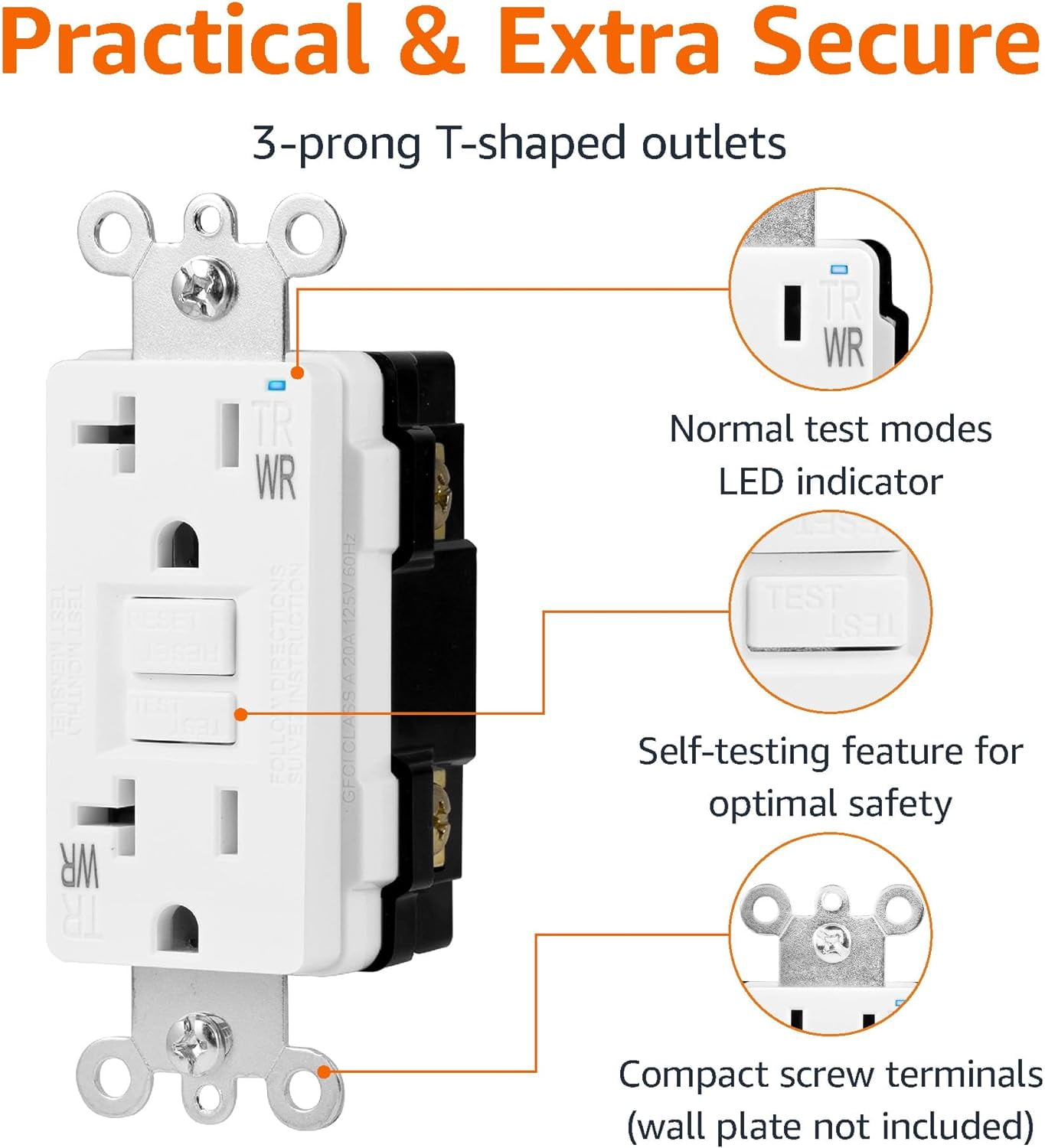 Weather-Resistant Tamper-Resistant GFCI Receptacle with LED Indicator, Self-Test Feature, Ground Fault Circuit Interrupter for Indoor or Outdoor Use, 20 Amp, White