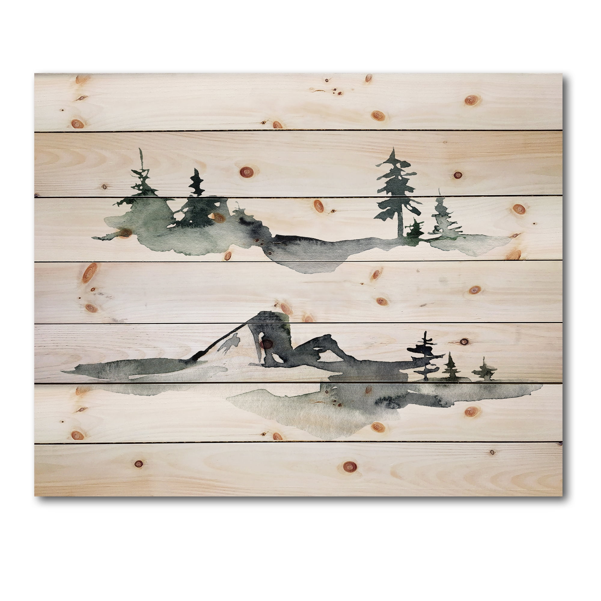 Designart 'Trees With Winter Dark Blue Mountain Landscape I' Modern Print on Natural Pine Wood