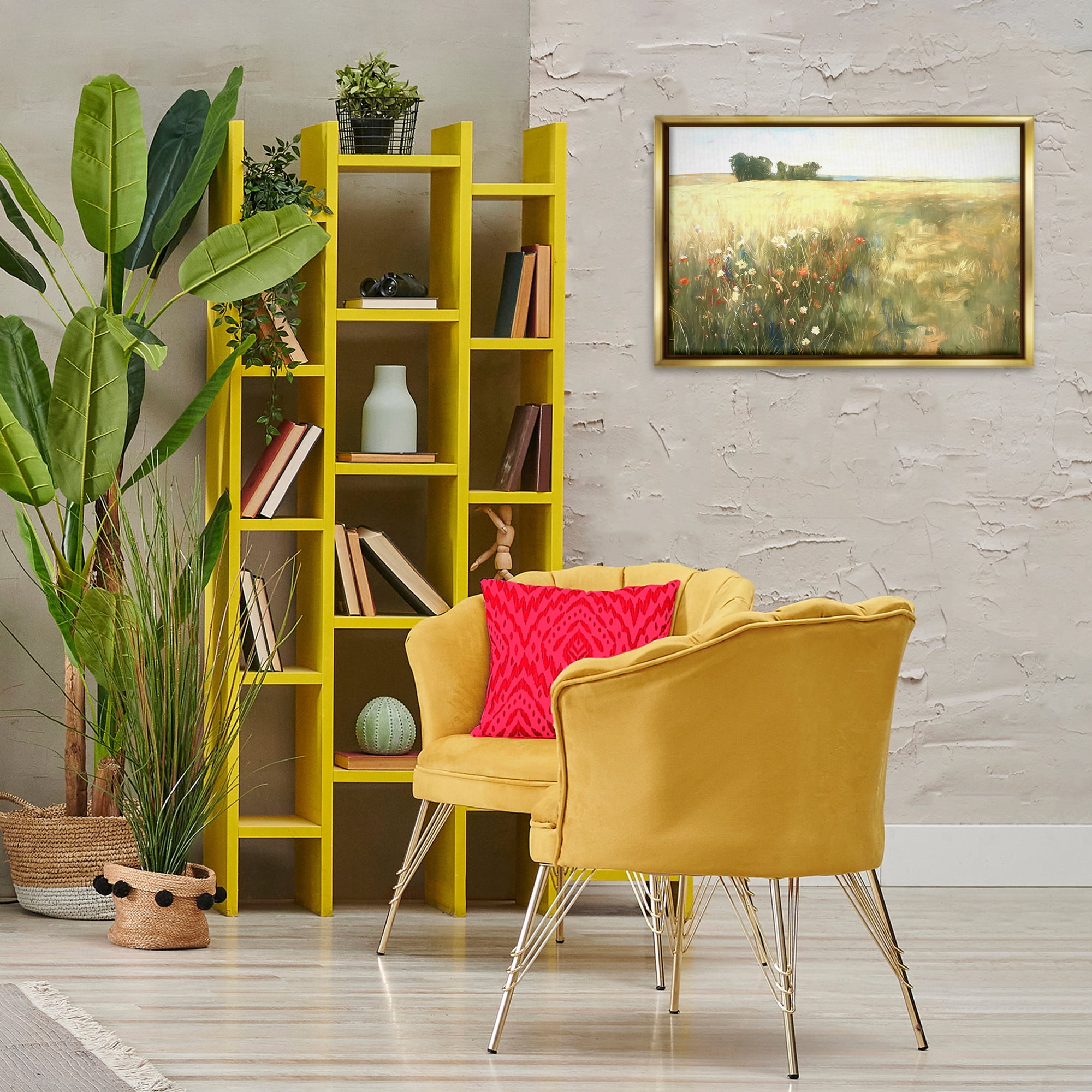 Stupell Industries Floral Prairie Meadow Landscape & Nature Painting Gold Floater Framed Canvas Art Print Wall Art, 25 x 17