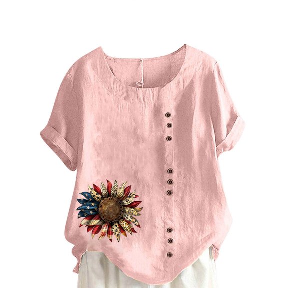 Sexlip Womens Short Sleeve Blouse Side Button Decorative Necklace Floral Print Loose Sleeve Soft Fabric Relaxed Silhouette for Daily Wear Pink L