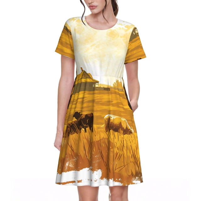 Balery Western Cowboy Ranch Vestidos sueltos de manga corta para mujer, vestidos de verano 2025, vestidos casuales de corte A con vuelo.