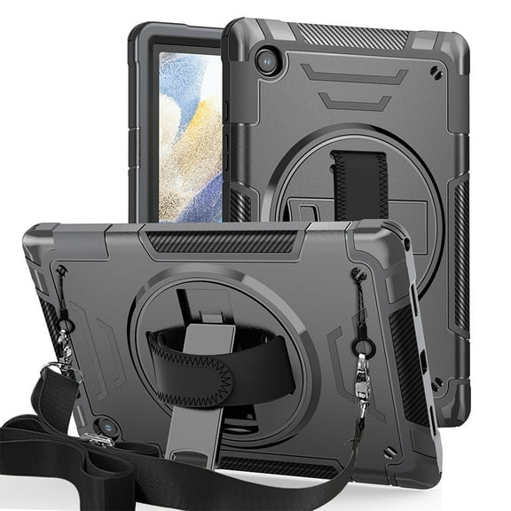 Decase Shockproof Case for Samsung Galaxy Tab A8 10.5" SM-X200 X205 X207, Military Grade Protection Rotating Stand Hand Strap Shoulder Strap Kids Friendly Bumper Rugged Case,Black