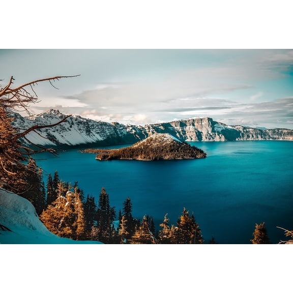 Crater Lake Wall Art Oregon Western Scenic Painting Gallery Wrapped Canvas Art Crater Lake Picture Ready to Hang