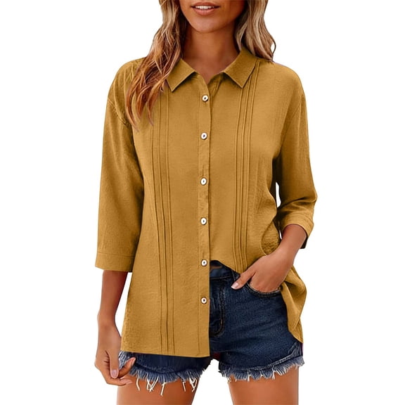 DAFPZW Womens 3/4 Sleeve Tops Cotton Linen Button Down Collared Shirts Pleated Casual Loose Blouses Roll Up Sleeve Shirt