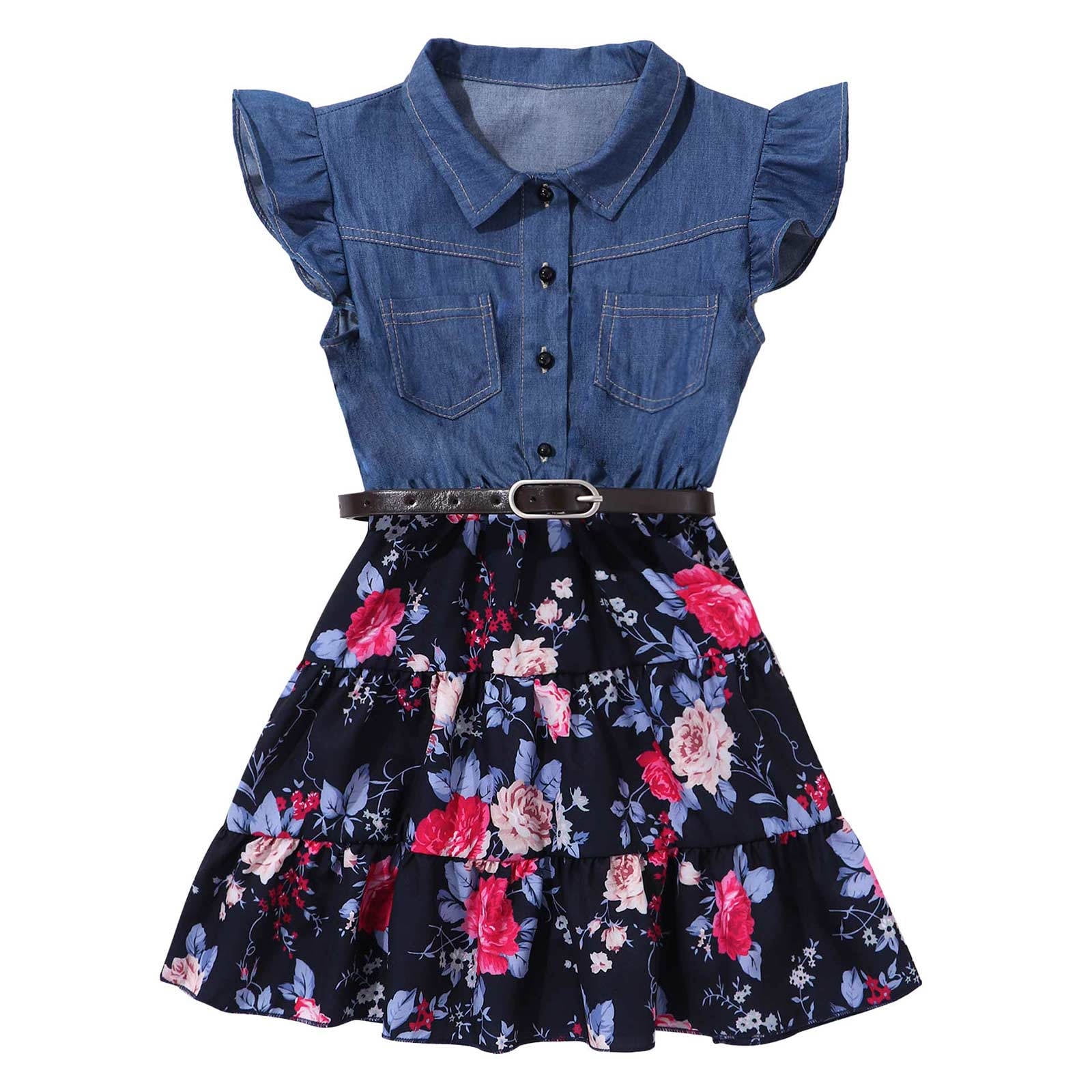 DPOIS Kids Girls Sleeveless Denim Floral Printed Dress Swing Skirt ...