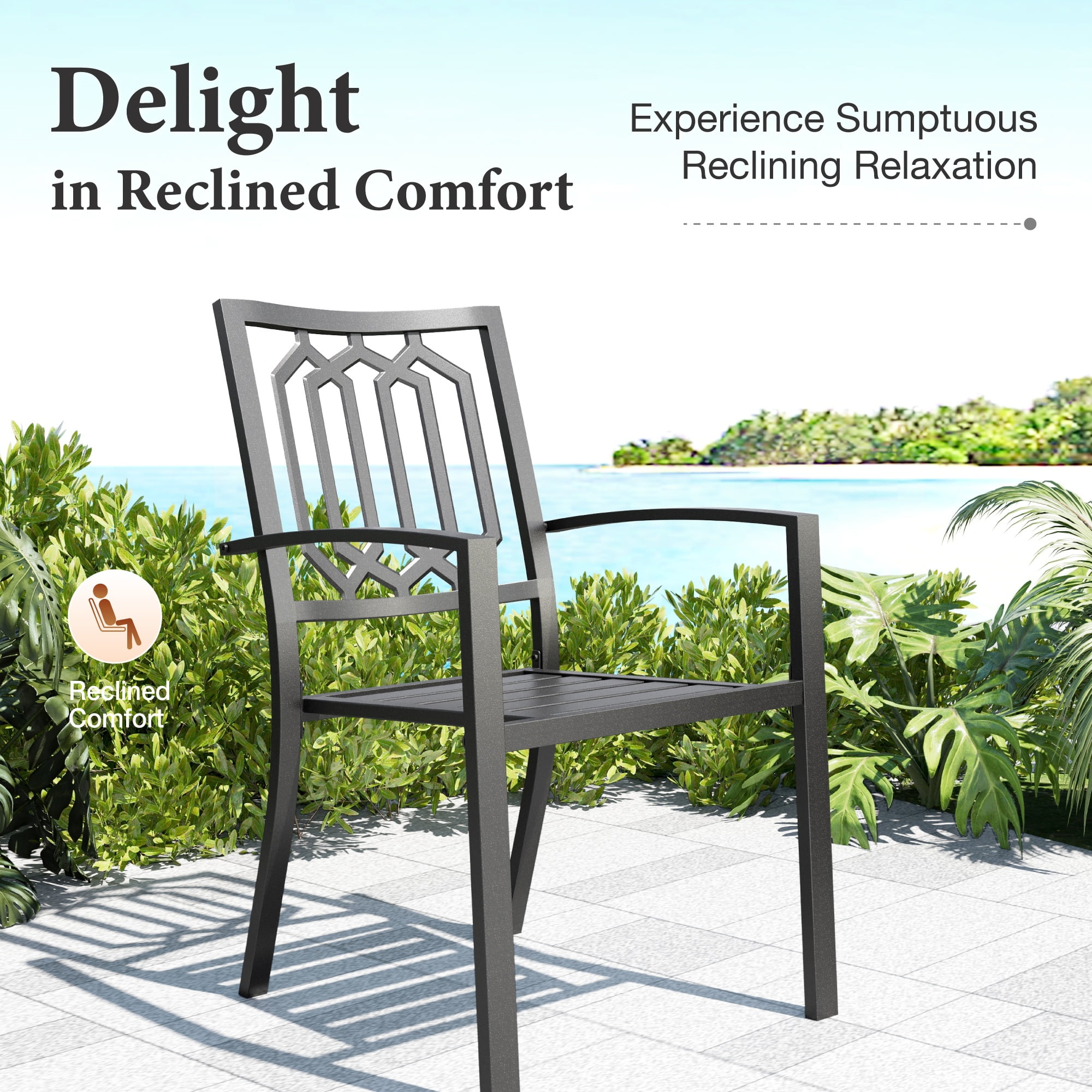 MF Studio Set of 2 Outdoor Patio Dining Stackable Chairs,All-Weather Steel Frame, Geometric Back, Black