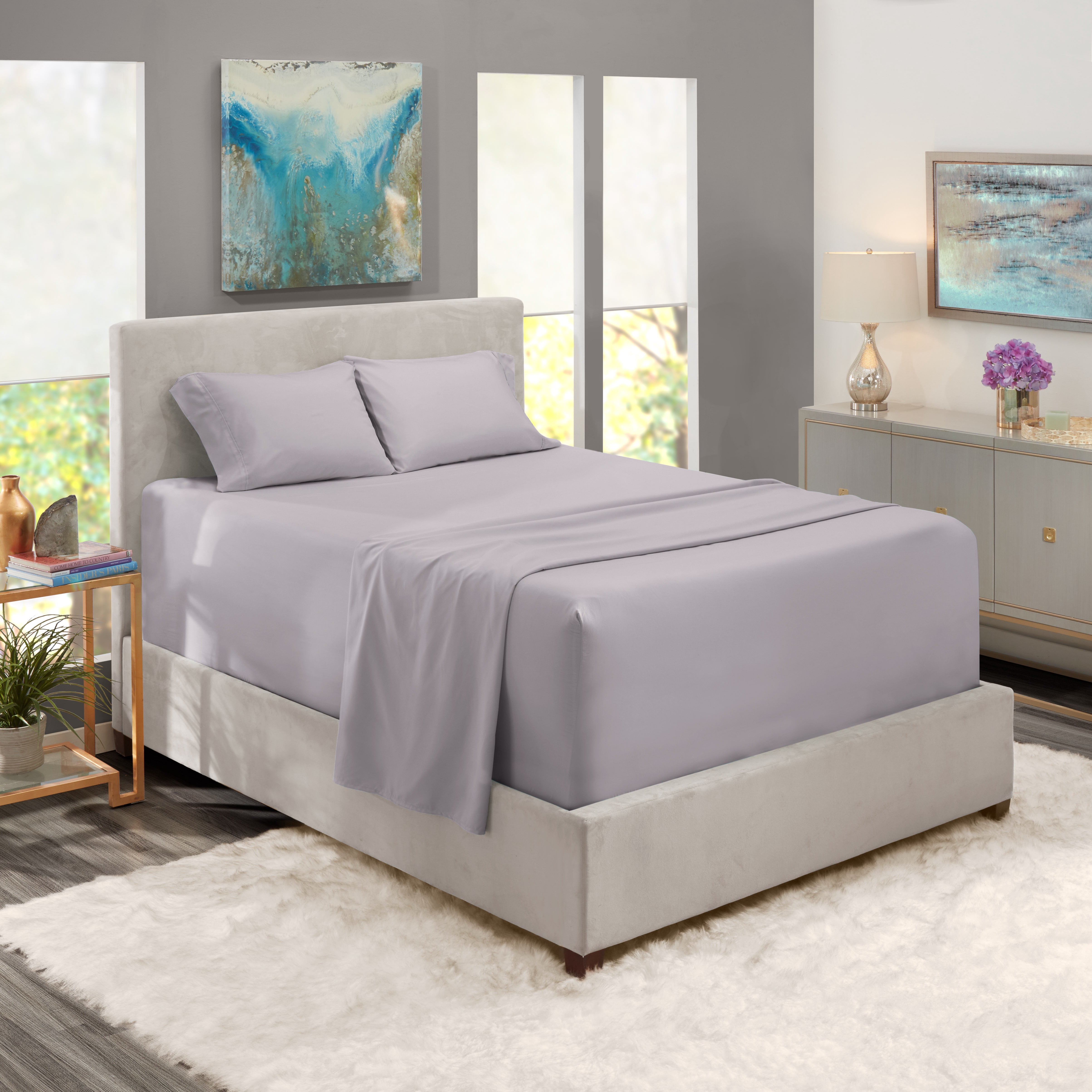 LammaLoe Extra Deep Pocket Queen Sheets Set, 4 Piece, Fits 18"-24" Mattress, Breathable & Extra Soft Bed Sheets, Light Grey Lavender