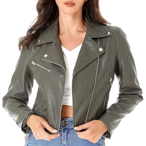 Women's Lambskin Real Leather Stylish Jacket Biker Motorcycle Slim Fit Gray Coat W204