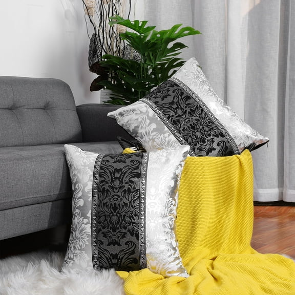 PiccoCasa 2Pcs Floral Print Throw Pillowcases, 18"x18" Black and Silver