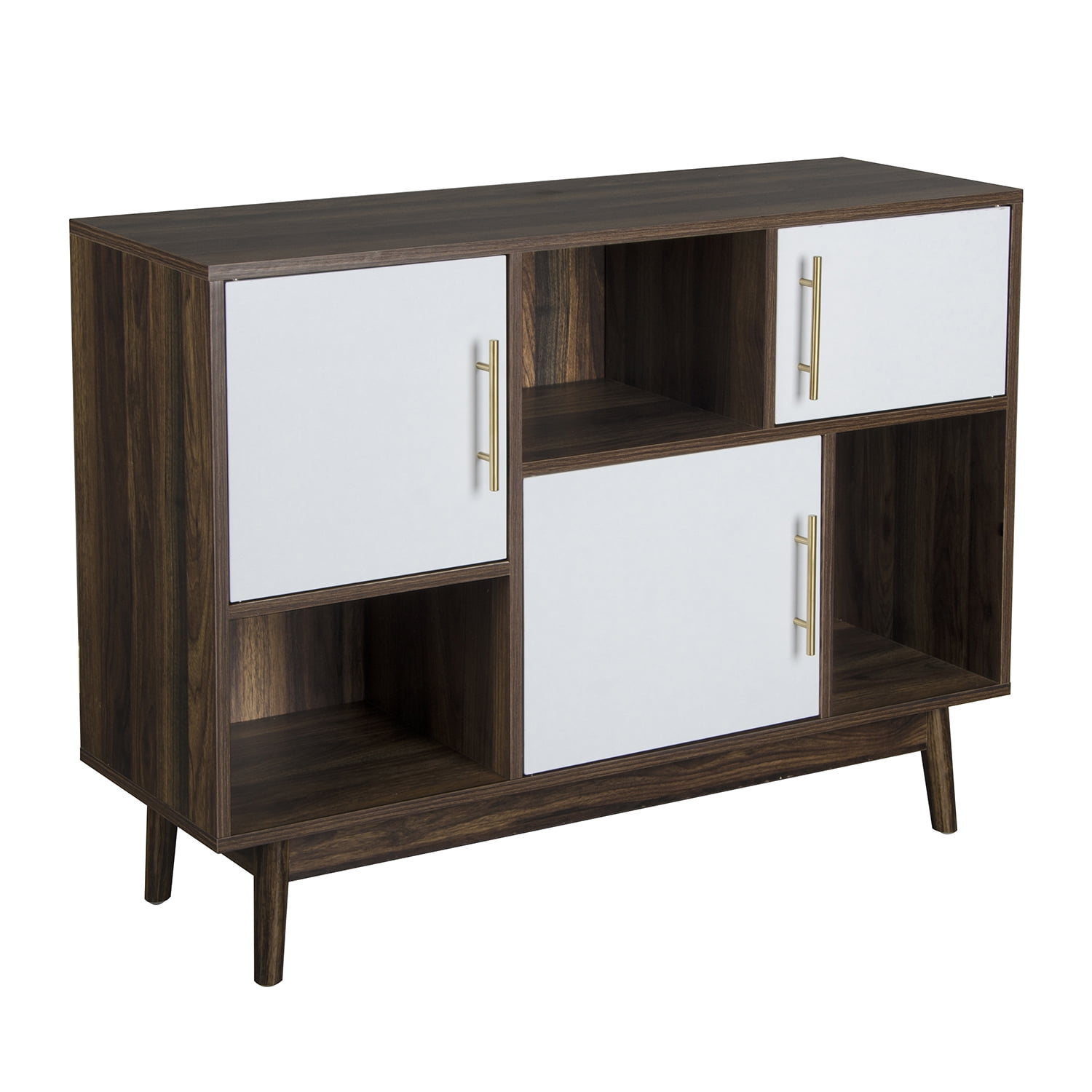 Private Jungle TV Cabinet Storage Organizer, 3 Cubes Wooden Storage Cabinet with 3 Doors, Floor Standing Accent Cabinet with Legs,Walnut+White