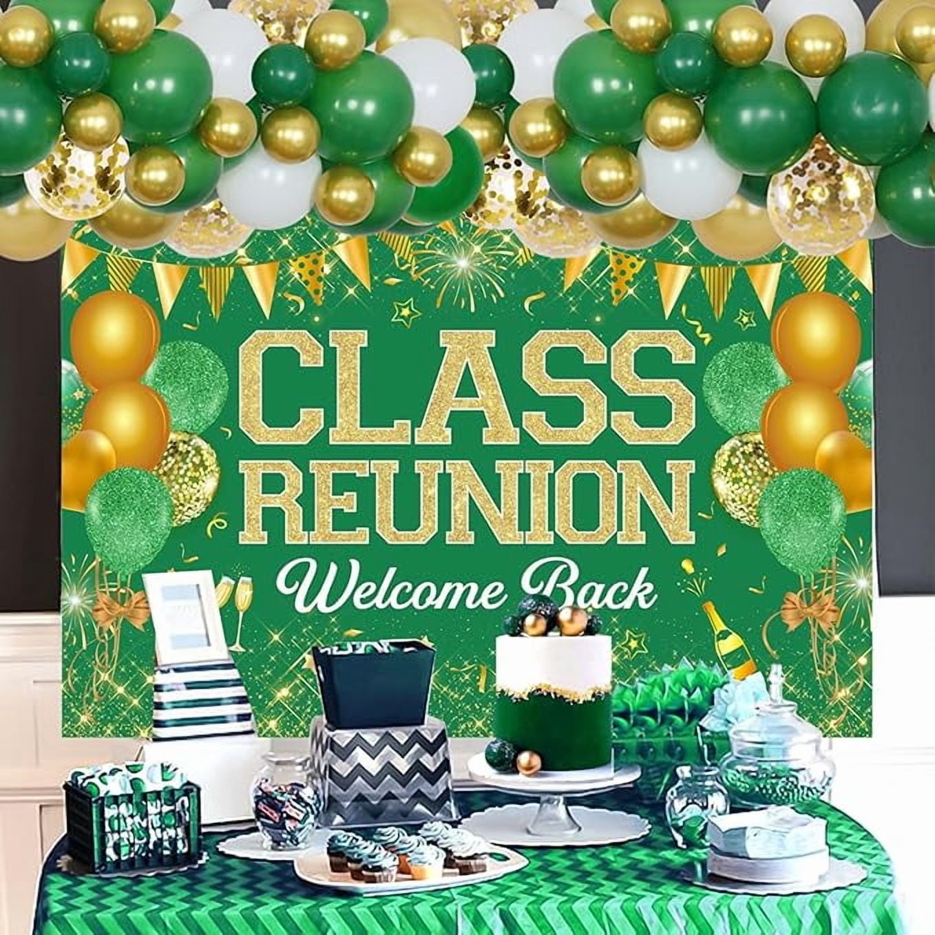 Class Reunion Party Decorations Green and Gold - Balloon Garland Arch Kit with Welcome Back Class Reunion Backdrop, High School Reunion Party Photography Background Supplies