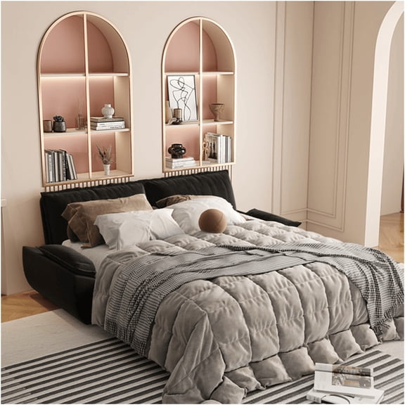 JERFIT 3-in-1 Queen Sleeper Sofa Bed with Pull-Out Mechanism, Convertible Velvet Loveseat for Small Spaces, Modern Black Sofa Bed