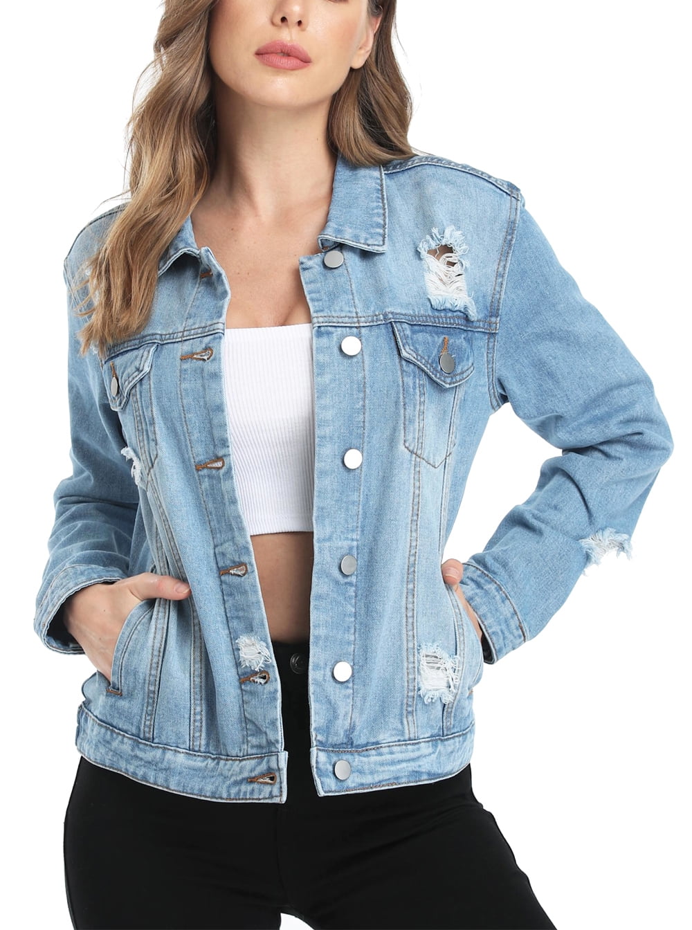 MISS MOLY Women Denim Jackets Distressed Button Down Long Sleeve ...