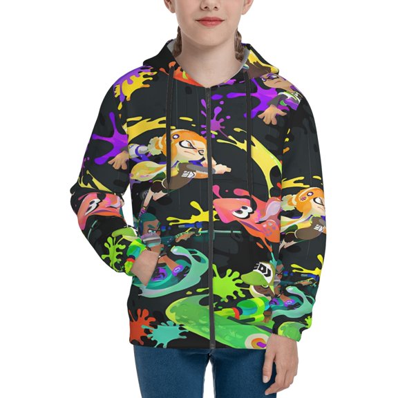 Splatoon 3 Teens Boys Girls Zip Up Hoodies 3d Print Long Sleeve Hooded Sweatshirt Jacket With Pocket Small