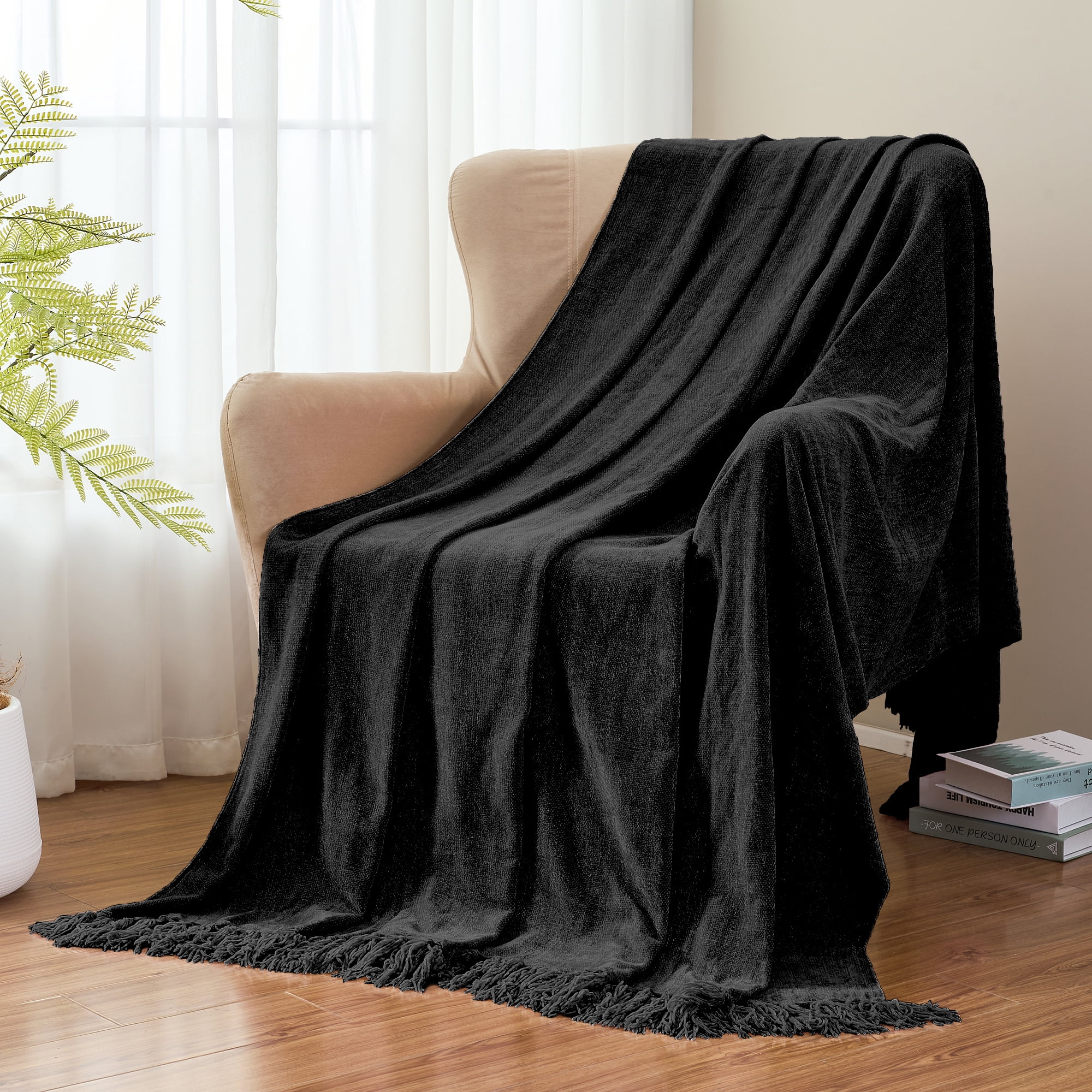 LONG CREATE Chenille Throw Blanket with Fringe Tassel for Couch Sofa Chair Bed, Black 50" x 70"
