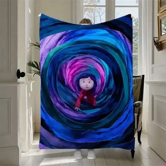 Coraline Themed Anime Print Cozy Flannel Blanket - Single-Side Print, Wrinkle Resistant, Retro Look, Home Decor for Sofa, Bed, Low Tumble Dry