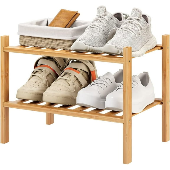 Small Shoe Rack, 2-Tier Bamboo Stackable Shoe Shelf Storage Organizer, Shoe Stand for Closet, Entryway and Hallway