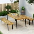 thumbnail image 2 of Light Teak Acacia Wood Outdoor Dining Table Set with 2 Benches, Patio Garden Bistro Set for 6 Persons, 2 of 10