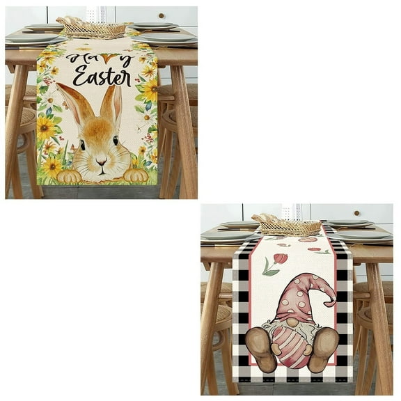 13''x72'' Easter Table Runner Set of 2, Cotton Linen Buffalo Plaid Gnomes Egg Happy Easter Carrots Flower Dining Table Decoration Spring Farmhouse Kitchen Dining Party for Tables of 4-6 People