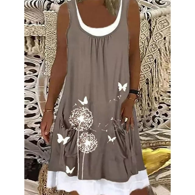 CEHVOM Robe Sans Manches à Col Rond Imprimée, Ample, Décontractée, Mode, Effet Faux Deux Couches pour Femmes