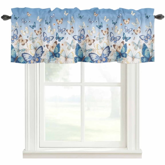 Blue Ombre Butterfly Rod Pocket Curtain Valance, Pastoral Farmhouse Butterflies Farmhouse Window Valance for Living Room, Bedroom, Kitchen 60"W x 18"L