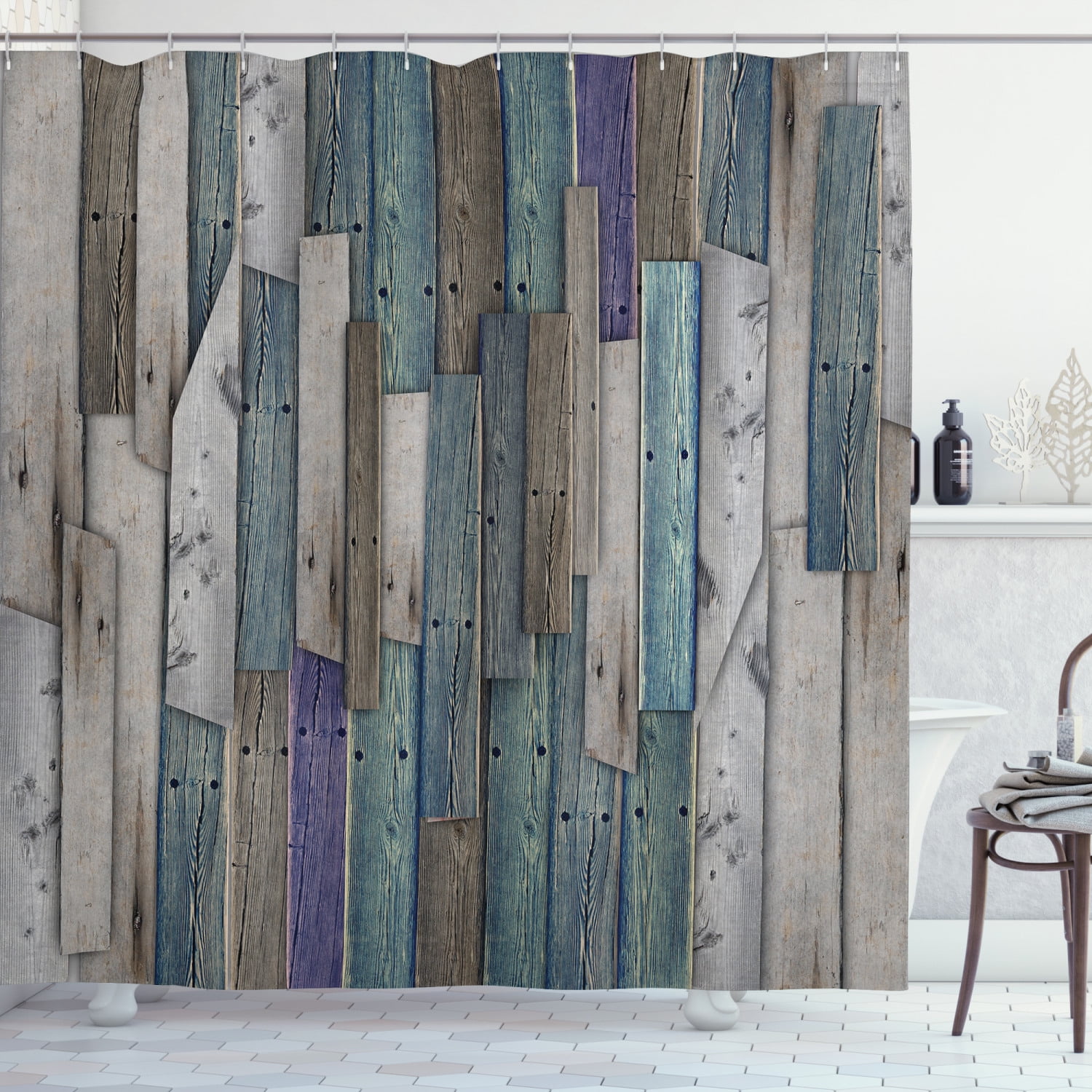 Rustic Grunge Wood Board Door Polyester Fabric Shower Curtain Set Bathroom Hooks 