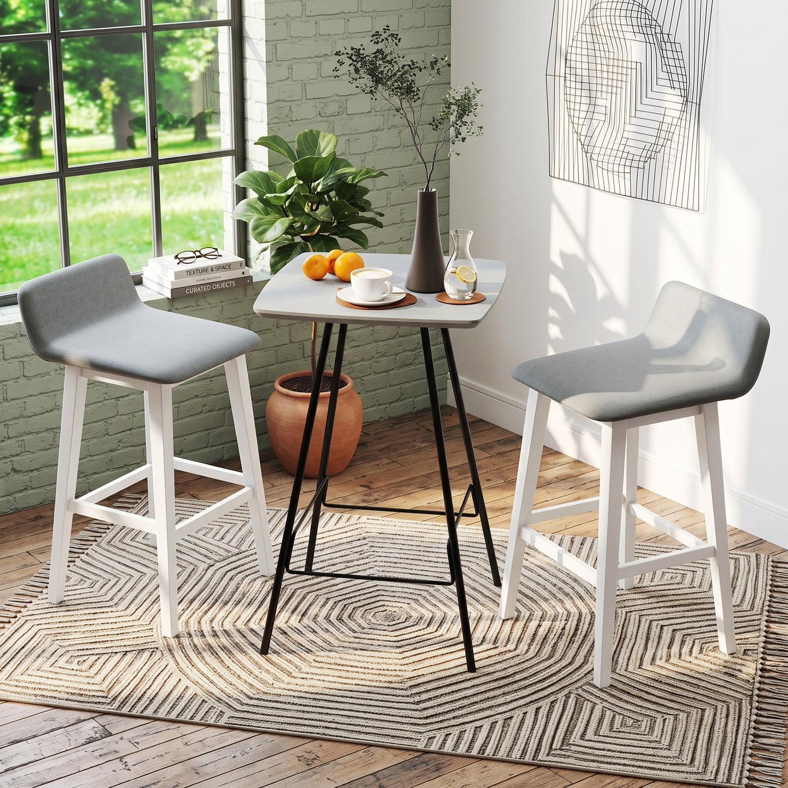 Furnibear 29 Inch Bar Stools Set of 1 Low-Back High-Top Chair with Padded Faux Linen Seat, Rubber Wood Legs and Built-In Footrest for Kitchen Dining Room Home, White