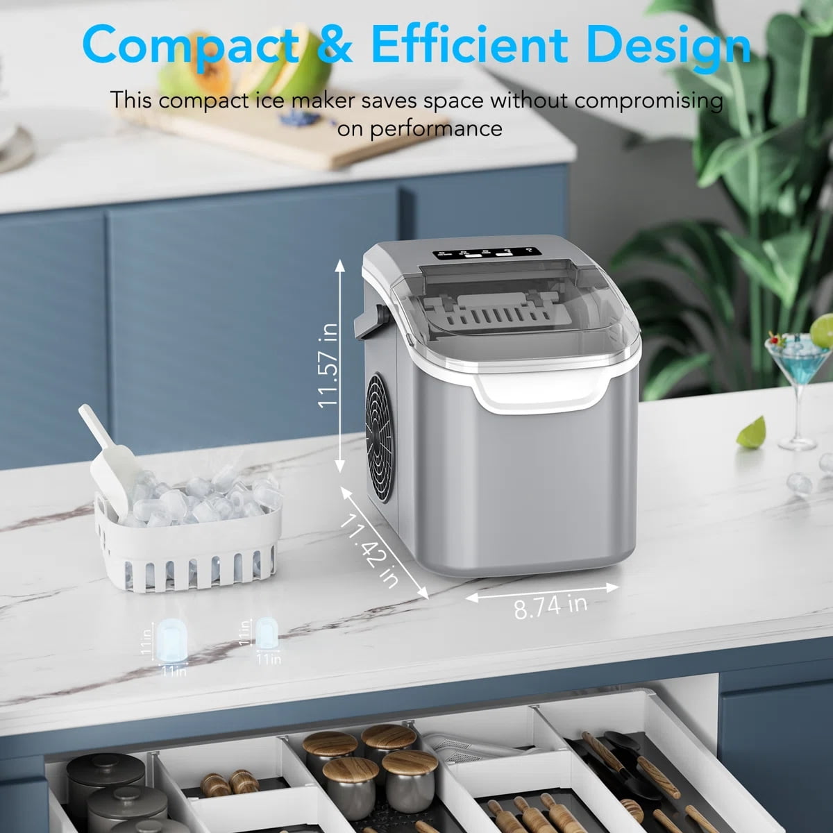 KNDKO Efficient Portable Countertop Ice Maker: Quick 8-Cube In 6 Mins, Up To 26Lb/Day, 2 Ice Sizes, Perfect For Home/Party/Travel GREY