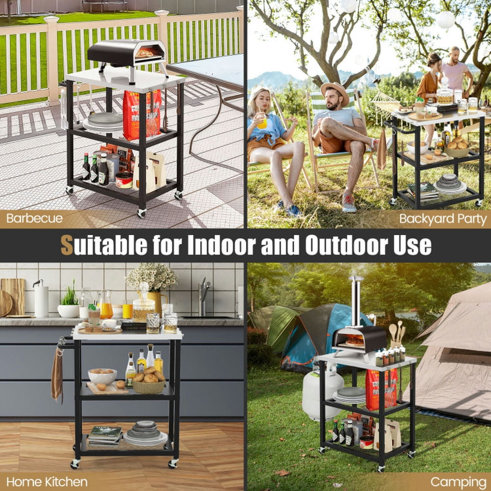 Demifill 3-Tier Foldable Outdoor Stainless Steel Food Prepare Dining Cart Table on Wheels-Black, Camp Stove for Outdoor Cooking
