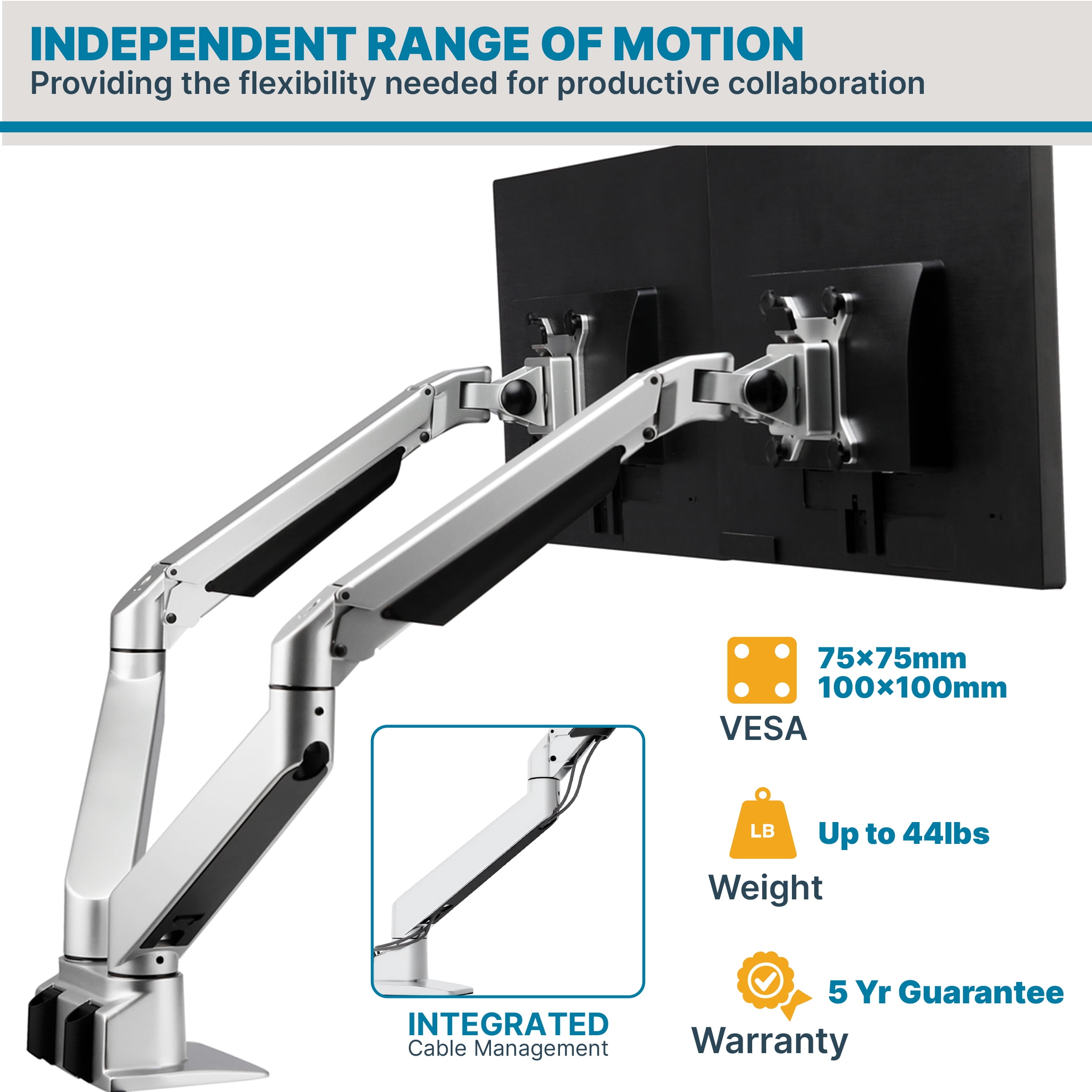 Restore Furniture Premium Height Adjustable Dual Monitor Arm Stand: Desk/Grommet Mount, Gas Spring Lift, VESA 75x75 or 100x100mm, 2 Flat/Curved Ultrawide Screens up to 34in & 44lb ea., Silver