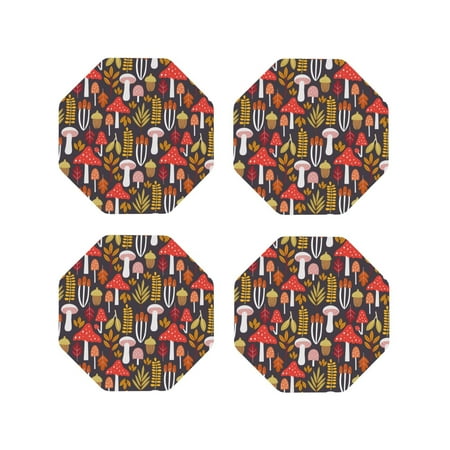 

KLL Drink Coasters Set Octagon of 4 PU Leather Absorbent Coasters Set Decorative Coffee Cup Coasters Housewarming Gift for Home Decor-Mushrooms And Leaves