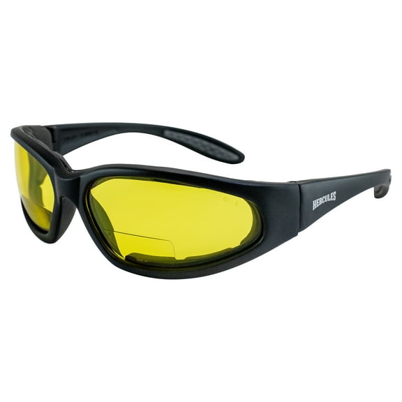 Global Vision Hercules Bifocal Motorcycle Safety Glasses Sunglasses Padded Black Frame Yellow Lens  1.5 Magnification Z87.1
