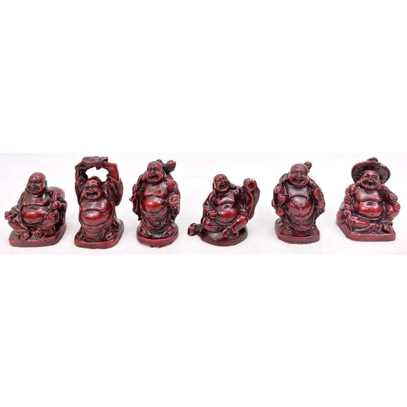 Set of 6 Mini Laughing Buddha Statues, 2-Inch Rosewood Color Feng Shui Happy Buddha Figurines for Good Luck, Wealth, and Home Office