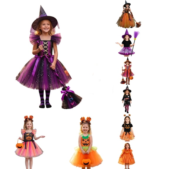 Girls Witch Dress with Hat, Broom & Tights – Glitter Tulle Princess Outfit for Halloween Party Dress-Up Play & Birthday (1#Purple/7-8 Years)