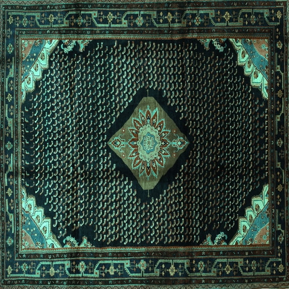 Ahgly Company Machine Washable Indoor Square Medallion Turquoise Blue Traditional Area Rugs, 8' Square