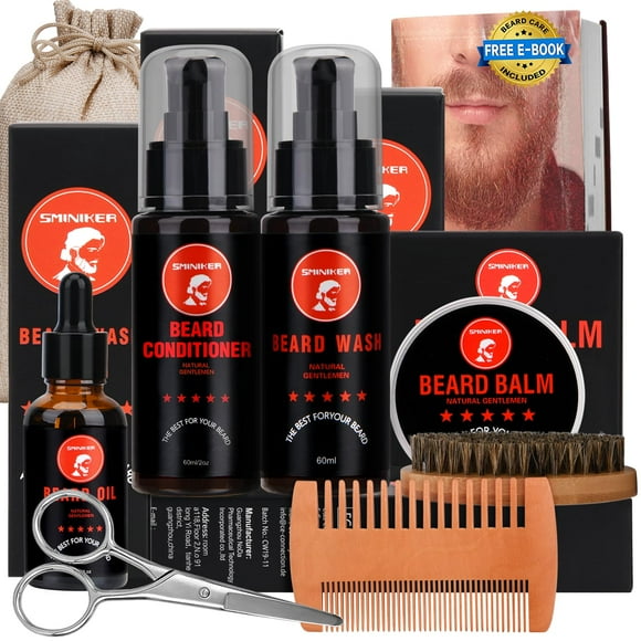 Kit de cuidado de barba Sminiker, aceite, bálsamo, champú, acondicionador, cepillo, peine y tijeras para bigote. Cuidado de la barba. Regalos únicos para hombres. Kit para el crecimiento y recorte de