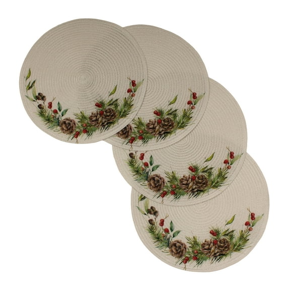 Christmas Printed Woven Braided Table Placemats 15 Inches Round Set of 4 Non-Slip Dining & Kitchen Table Mats Pine Cone