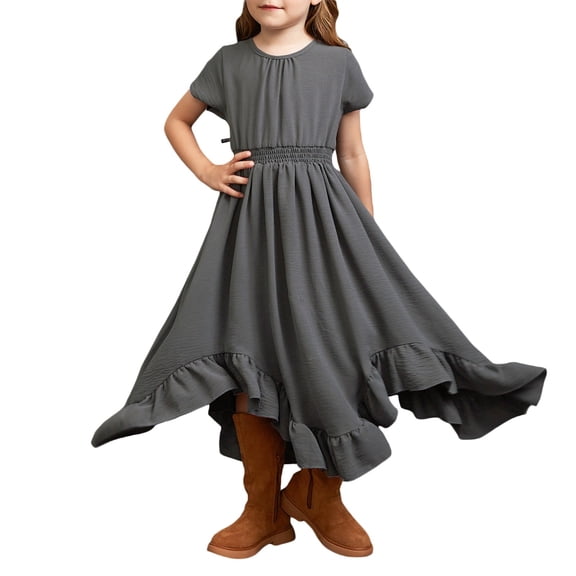 VNKIDY Girls Kids Solid Color Short Sleeve Crewneck Maxi Dress Elastic Waist Ruffled Hem Flowy Casual Dress For Daily Party Wear Adorable Dress