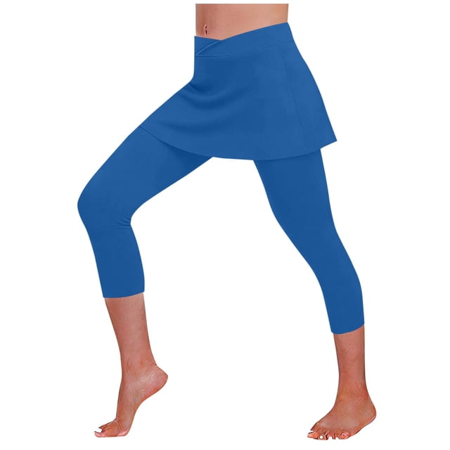TaTaai Women's Summer Sports Yoga Capri Pants Fake Two-Piece Skirt Leggings Crisscross Elastic Waist with Side Pockets Soft Comfortable Casual Active Bottoms Gift