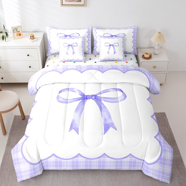 Erosebridal Purple Bowknot Bedding Sets Queen Size, Cartoon Ribbon Bedding Accessories, Modern Chic Bow Decor, Reversible