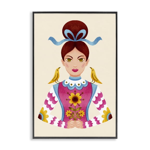 Stupell Industries Brunette Girl with Birds Portrait Painting Black Framed Art Print Wall Art, 12 x 18