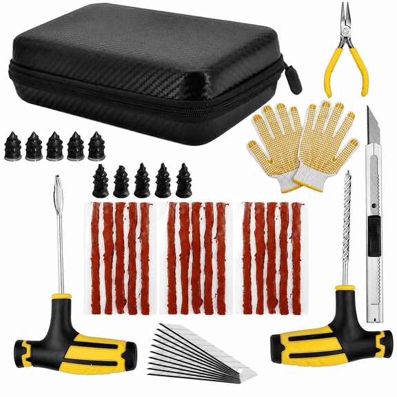 Car Tire Plug Kit 42PCS, Emergency Flat Tire Repair Kit with Tire Repair Plugs, T Handle Tools, Rubber Repair Screws, Gloves & Storage Case for Cars, Motorcycle, ATV, SUV