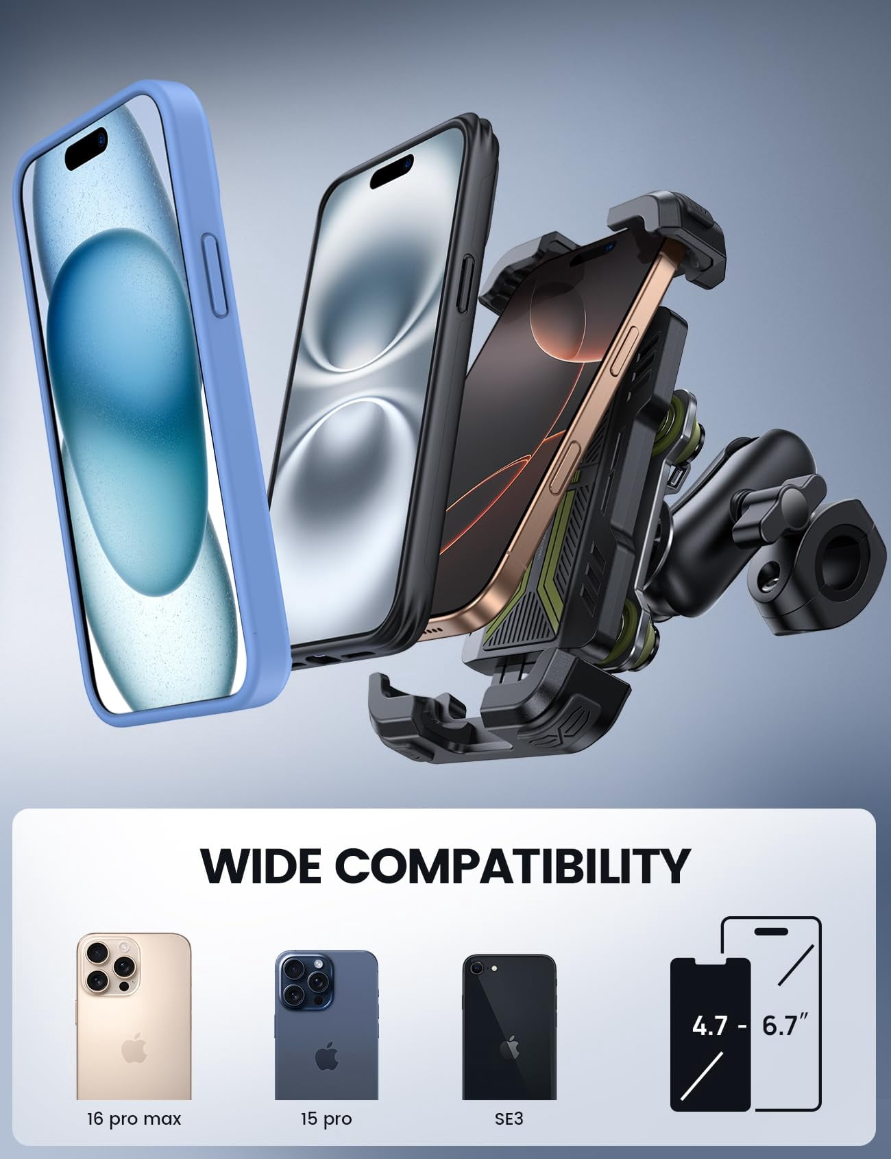 Motorcycle Phone Mount Holder - [Dual Vibration Dampener] [Metal Adjustment Arm] Motorcycle Cell Phone Holder, Bike Handlebar Phone Mount, Gifts for iPhone 16 15 14 Pro Max, 4.7-6.7" Phones