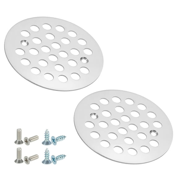 Shower Strainer Drain Trim Set 4-1/4", 2 Pcs 304 Stainless Steel Round Screw-in Shower Strainer Drain Cover with Screws for Bathroom Floor Lawns Landscaped Walkways Patios, Silver