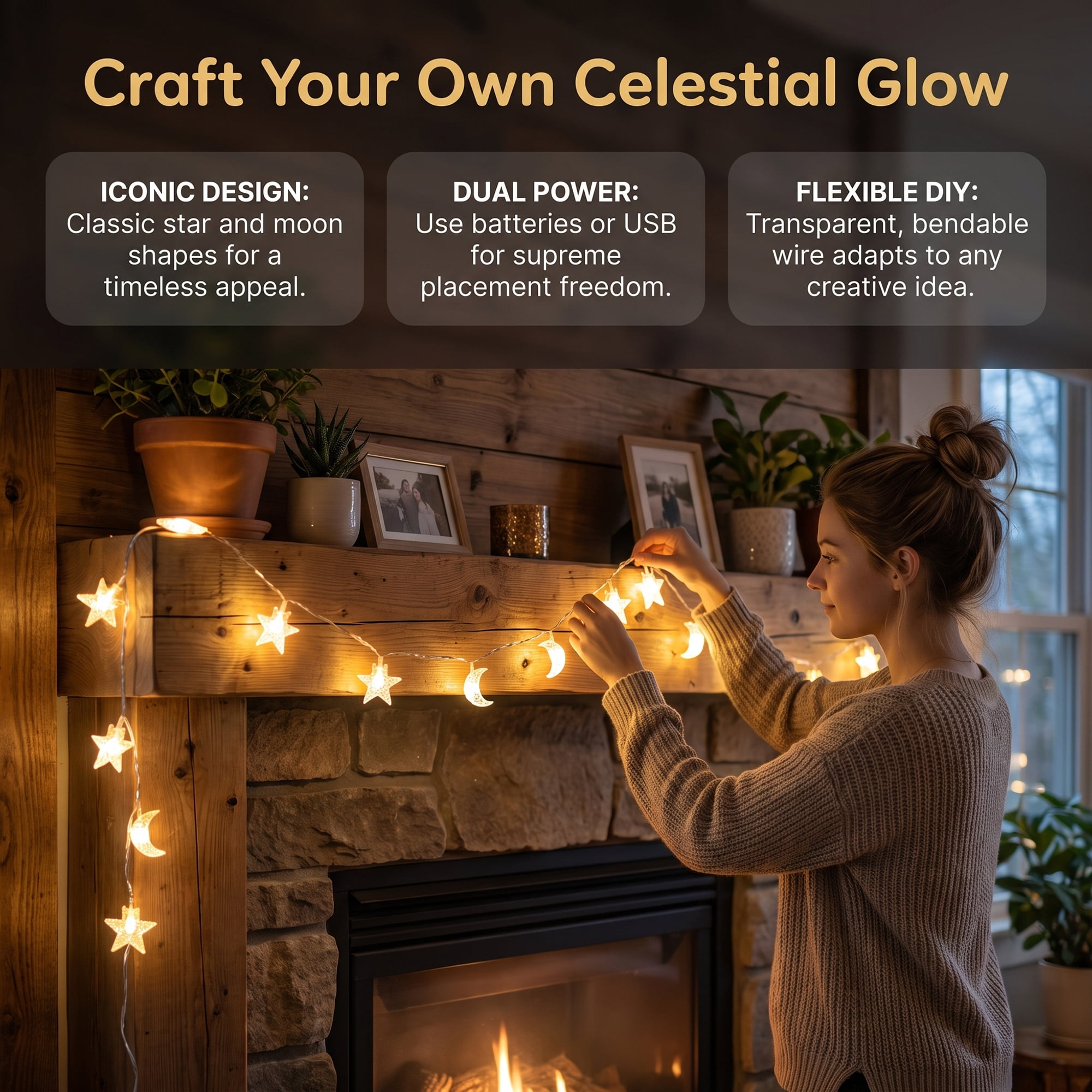 Unique Bargains Star and Moon Fairy Lights with Flexible Wire 9.8 ft Battery Operated