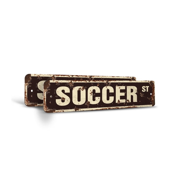 SOCCER Vintage Style Rustic Street Sign – (2 Pack) Soccer Team Player Ball Signs Retro Decorative Wall Sign for Home, Bar, Garage, or Outdoor Use | 4" X 18" Plastic Road Sign