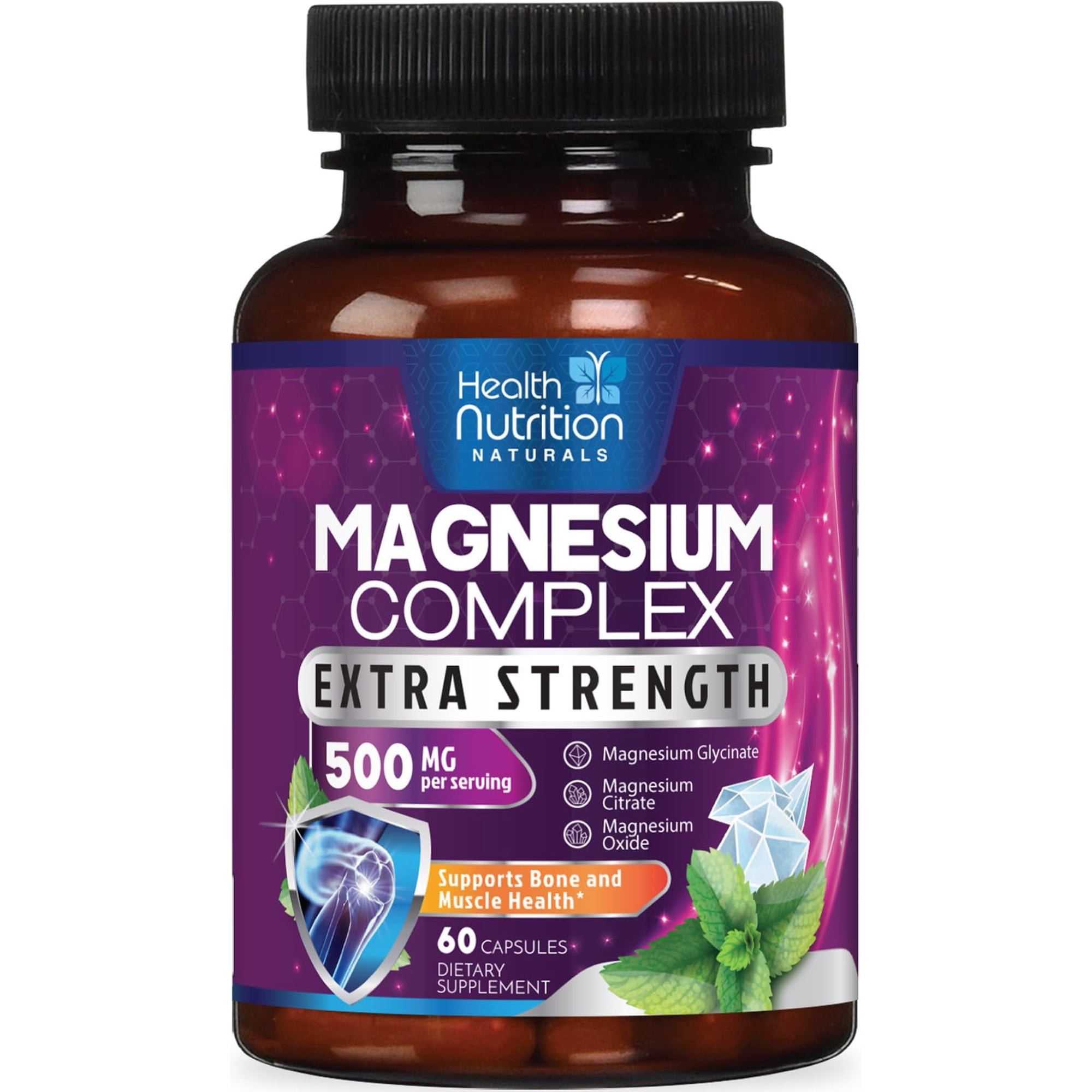 Magnesium Complex 500mg Supplement - Max Absorption Magnesium Powder Capsules for Muscle, Nerve, Bone and Heart Health Support, High Absorption Citrate Complex, Gluten Free, USA Bottled - 60 Capsules
